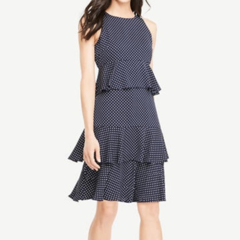 Ann Taylor | Tierred Ruffle Dress Navy Blue White